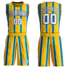Load image into Gallery viewer, Custom Yellow White Teal Royal-Black Geometric Stripe Round Neck Sublimation Basketball Suit Jersey