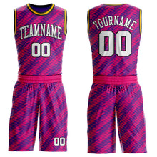 Laden Sie das Bild in den Galerie-Viewer, Custom Purple White Hot Pink Black-Gold Geometric Stripe Round Neck Sublimation Basketball Suit Jersey