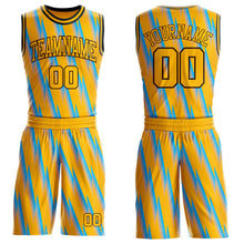 Charger l'image dans la galerie, Custom Gold Lakes Blue Brown-Black Gradient Lightning Stripe Round Neck Sublimation Basketball Suit Jersey
