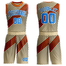 Charger l'image dans la galerie, Custom Cream Powder Blue Black White Red-Gold Geometric Stripe Round Neck Sublimation Basketball Suit Jersey