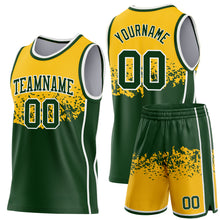 Laden Sie das Bild in den Galerie-Viewer, Custom Gold Green-White Shattered Geometric Side Panel Stripe Round Neck Sublimation Basketball Set Jersey