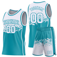 Laden Sie das Bild in den Galerie-Viewer, Custom White-Teal Shattered Geometric Side Panel Stripe Round Neck Sublimation Basketball Set Jersey
