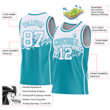 Laden Sie das Bild in den Galerie-Viewer, Custom White-Teal Shattered Geometric Side Panel Stripe Round Neck Sublimation Basketball Set Jersey