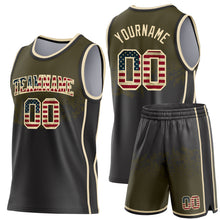 Laden Sie das Bild in den Galerie-Viewer, Custom Olive Vintage USA Flag Black-Cream Shattered Geometric Side Panel Stripe Round Neck Sublimation Basketball Set Jersey