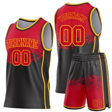 Laden Sie das Bild in den Galerie-Viewer, Custom Red Black-Gold Shattered Geometric Side Panel Stripe Round Neck Sublimation Basketball Set Jersey