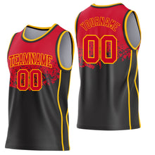 Laden Sie das Bild in den Galerie-Viewer, Custom Red Black-Gold Shattered Geometric Side Panel Stripe Round Neck Sublimation Basketball Set Jersey