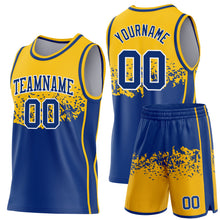Загрузить изображение в средство просмотра галереи, Custom Gold Royal-White Shattered Geometric Side Panel Stripe Round Neck Sublimation Basketball Set Jersey