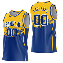 Загрузить изображение в средство просмотра галереи, Custom Gold Royal-White Shattered Geometric Side Panel Stripe Round Neck Sublimation Basketball Set Jersey