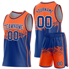 Laden Sie das Bild in den Galerie-Viewer, Custom Orange Royal-White Shattered Geometric Side Panel Stripe Round Neck Sublimation Basketball Set Jersey
