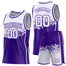 Load image into Gallery viewer, Custom White-Purple Shattered Geometric Side Panel Stripe Round Neck Sublimation Basketball Set Jersey