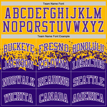 Laden Sie das Bild in den Galerie-Viewer, Custom Gold Purple-White Shattered Geometric Side Panel Stripe Round Neck Sublimation Basketball Set Jersey