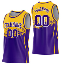 Laden Sie das Bild in den Galerie-Viewer, Custom Gold Purple-White Shattered Geometric Side Panel Stripe Round Neck Sublimation Basketball Set Jersey