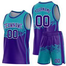 Laden Sie das Bild in den Galerie-Viewer, Custom Teal Purple-White Shattered Geometric Side Panel Stripe Round Neck Sublimation Basketball Set Jersey