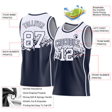 Laden Sie das Bild in den Galerie-Viewer, Custom White-Navy Shattered Geometric Side Panel Stripe Round Neck Sublimation Basketball Set Jersey