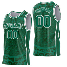 Laden Sie das Bild in den Galerie-Viewer, Custom Kelly Green-White Tribal Ethnic Aztec Sun Stone Side Panel Stripe Round Neck Sublimation Basketball Set Jersey