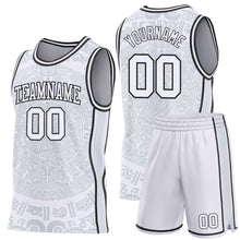 Laden Sie das Bild in den Galerie-Viewer, Custom White-Black Tribal Ethnic Aztec Sun Stone Side Panel Stripe Round Neck Sublimation Basketball Set Jersey
