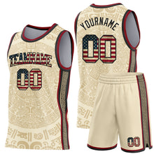 Laden Sie das Bild in den Galerie-Viewer, Custom Cream Vintage USA Flag Black-Maroon Tribal Ethnic Aztec Sun Stone Side Panel Stripe Round Neck Sublimation Basketball Set Jersey