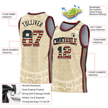 Laden Sie das Bild in den Galerie-Viewer, Custom Cream Vintage USA Flag Black-Maroon Tribal Ethnic Aztec Sun Stone Side Panel Stripe Round Neck Sublimation Basketball Set Jersey