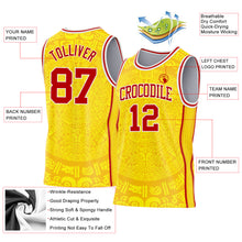 Laden Sie das Bild in den Galerie-Viewer, Custom Gold Red-White Tribal Ethnic Aztec Sun Stone Side Panel Stripe Round Neck Sublimation Basketball Set Jersey