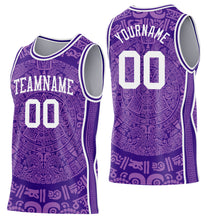 Load image into Gallery viewer, Custom Purple-White Tribal Ethnic Aztec Sun Stone Side Panel Stripe Round Neck Sublimation Basketball Set Jersey