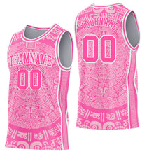 Laden Sie das Bild in den Galerie-Viewer, Custom Pink-White Tribal Ethnic Aztec Sun Stone Side Panel Stripe Round Neck Sublimation Basketball Set Jersey