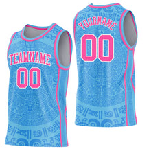 Laden Sie das Bild in den Galerie-Viewer, Custom Sky Blue Pink-White Tribal Ethnic Aztec Sun Stone Side Panel Stripe Round Neck Sublimation Basketball Set Jersey