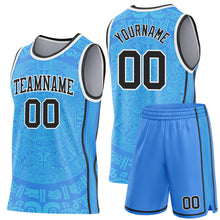 Laden Sie das Bild in den Galerie-Viewer, Custom Powder Blue Black-White Tribal Ethnic Aztec Sun Stone Side Panel Stripe Round Neck Sublimation Basketball Set Jersey