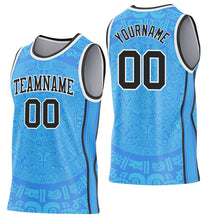Laden Sie das Bild in den Galerie-Viewer, Custom Powder Blue Black-White Tribal Ethnic Aztec Sun Stone Side Panel Stripe Round Neck Sublimation Basketball Set Jersey