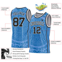 Laden Sie das Bild in den Galerie-Viewer, Custom Light Blue Black-White Tribal Ethnic Aztec Sun Stone Side Panel Stripe Round Neck Sublimation Basketball Set Jersey
