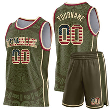 Laden Sie das Bild in den Galerie-Viewer, Custom Olive Vintage USA Flag Cream-Maroon Tribal Ethnic Aztec Sun Stone Side Panel Stripe Round Neck Sublimation Basketball Set Jersey