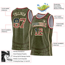 Laden Sie das Bild in den Galerie-Viewer, Custom Olive Vintage USA Flag Cream-Maroon Tribal Ethnic Aztec Sun Stone Side Panel Stripe Round Neck Sublimation Basketball Set Jersey