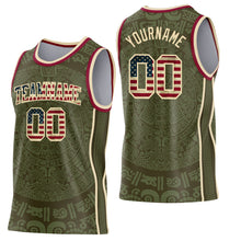 Laden Sie das Bild in den Galerie-Viewer, Custom Olive Vintage USA Flag Cream-Maroon Tribal Ethnic Aztec Sun Stone Side Panel Stripe Round Neck Sublimation Basketball Set Jersey