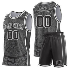 Laden Sie das Bild in den Galerie-Viewer, Custom Black-White Tribal Ethnic Aztec Sun Stone Side Panel Stripe Round Neck Sublimation Basketball Set Jersey