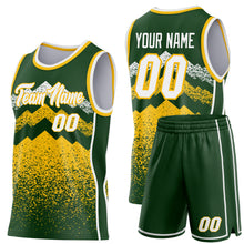 Laden Sie das Bild in den Galerie-Viewer, Custom Green White-Gold Mountain Peak Shards Side Panel Stripe Round Neck Sublimation Basketball Set Jersey