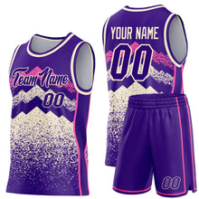 Laden Sie das Bild in den Galerie-Viewer, Custom Purple Cream-Pink Mountain Peak Shards Side Panel Stripe Round Neck Sublimation Basketball Set Jersey