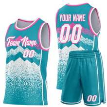 Load image into Gallery viewer, Custom Teal White-Pink Mountain Peak Shards Side Panel Stripe Round Neck Sublimation Basketball Set Jersey