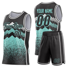 Load image into Gallery viewer, Custom Black Ice Blue-White Mountain Peak Shards Side Panel Stripe Round Neck Sublimation Basketball Set Jersey