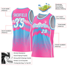 Load image into Gallery viewer, Custom Pink White-Sky Blue Mountain Peak Shards Side Panel Stripe Round Neck Sublimation Basketball Set Jersey