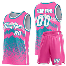 Load image into Gallery viewer, Custom Pink White-Teal Mountain Peak Shards Side Panel Stripe Round Neck Sublimation Basketball Set Jersey