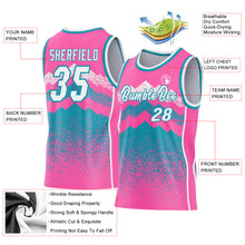 Load image into Gallery viewer, Custom Pink White-Teal Mountain Peak Shards Side Panel Stripe Round Neck Sublimation Basketball Set Jersey