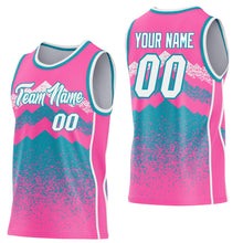 Load image into Gallery viewer, Custom Pink White-Teal Mountain Peak Shards Side Panel Stripe Round Neck Sublimation Basketball Set Jersey