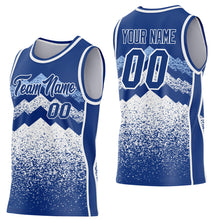 Laden Sie das Bild in den Galerie-Viewer, Custom Royal White-Light Blue Mountain Peak Shards Side Panel Stripe Round Neck Sublimation Basketball Set Jersey