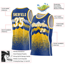 Load image into Gallery viewer, Custom Royal White-Gold Mountain Peak Shards Side Panel Stripe Round Neck Sublimation Basketball Set Jersey
