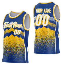 Load image into Gallery viewer, Custom Royal White-Gold Mountain Peak Shards Side Panel Stripe Round Neck Sublimation Basketball Set Jersey