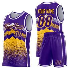 Laden Sie das Bild in den Galerie-Viewer, Custom Purple Gold-White Mountain Peak Shards Side Panel Stripe Round Neck Sublimation Basketball Set Jersey
