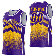 Laden Sie das Bild in den Galerie-Viewer, Custom Purple Gold-White Mountain Peak Shards Side Panel Stripe Round Neck Sublimation Basketball Set Jersey
