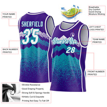 Load image into Gallery viewer, Custom Purple White-Teal Mountain Peak Shards Side Panel Stripe Round Neck Sublimation Basketball Set Jersey