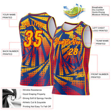 Laden Sie das Bild in den Galerie-Viewer, Custom Gold Royal-Red Lightning Gradient Dot Side Panel Stripe Round Neck Sublimation Basketball Set Jersey