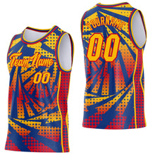 Laden Sie das Bild in den Galerie-Viewer, Custom Gold Royal-Red Lightning Gradient Dot Side Panel Stripe Round Neck Sublimation Basketball Set Jersey