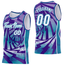 Laden Sie das Bild in den Galerie-Viewer, Custom Purple White-Teal Lightning Gradient Dot Side Panel Stripe Round Neck Sublimation Basketball Set Jersey